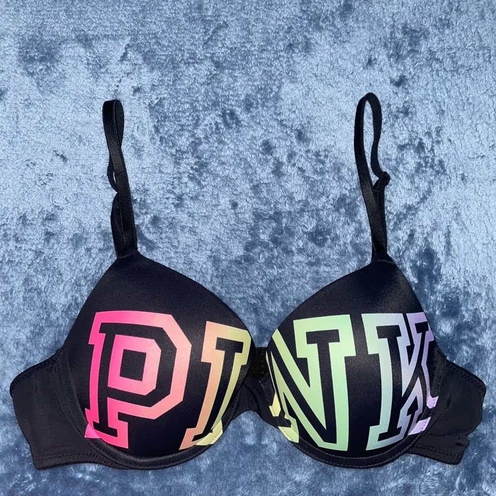 PINK Victoria's Secret Black and Rainbow Ombre Logo Bra